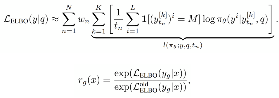 Here we take many noise levels t_n and fewer masking attempts k. r_g is the importance sampling ratio